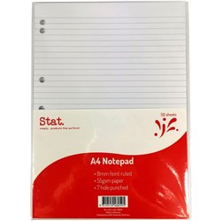 STAT NOTEPAD A4 7MM RULED 55Gsm White 7 Hole Punched 50 Sheet