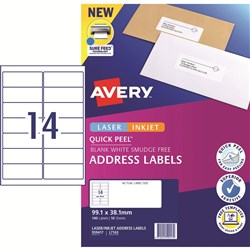 AVERY SURE FEED LABELS Laser 99.1 x 38.1mm White Pack of 140