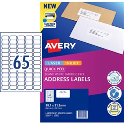 AVERY SURE FEED LABELS Laser 38.1 x 21.2mm White Pack of 650