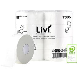 Livi Basics Toilet Paper Rolls 1 Ply Jumbo Roll 500m Box of 8