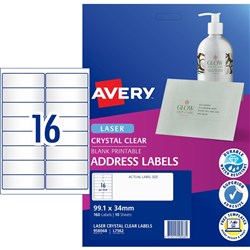 Avery Crystal Clear Laser Address Label 16UP 99.1x34mm 160 Labels 10 Sheets