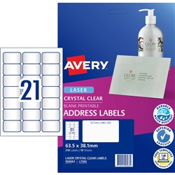 Avery Crystal Clear Laser Address Label 21UP 63.5x38.1mm 525 Labels 25 Sheets