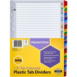 DIVIDERS A4 31 REINF TAB BRD ASST COLOUR DIVIDERS A4 31 REINF TAB BRD EA