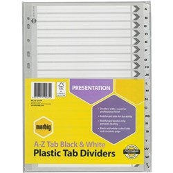 DIVIDERS A4 A-Z REINF TAB BRD BLACK/WHIT PKT