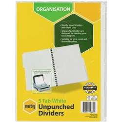 MARBIG UNPUNCHED DIVIDERS 5 Tab A4 White