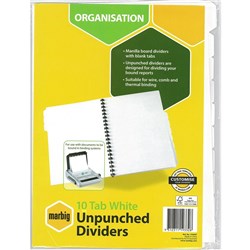 MARBIG UNPUNCHED DIVIDERS 10 Tab A4 White SET
