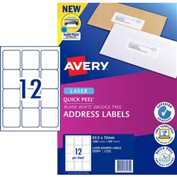 AVERY ADDRESS LASER LABELS L7164 12 L/P/Sht 63.5x72mm B1200