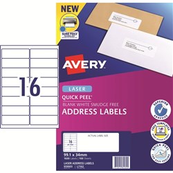 AVERY ADDRESS LASER LABELS L7162 16 L/P/Sht 99.1x34.2mm EA