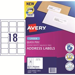 AVERY ADDRESS LASER LABELS L7161 18 L/P/Sht 63.5x46.6mm EA