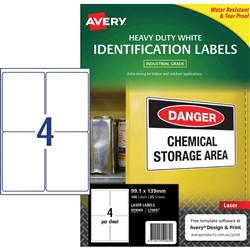 AVERY HEAVY DUTY LASER LABELS L7069 4 L/P/Sht 99.1x139mm BX100