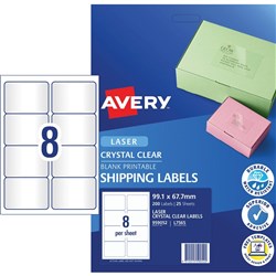 AVERY CLEAR LASER LABELS L7565 8 L/P/Sht 99.1x67.7mm