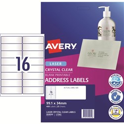 AVERY CLEAR LASER LABELS L7562 16 L/P/Sht 99.1x33.9mm EA