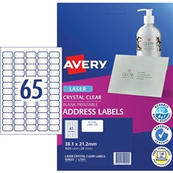 AVERY CLEAR LASER LABELS L7551 65 L/P/Sht 38.1x21.2mm EA