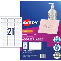 AVERY CLEAR INKJET LABELS J8560 21 L/P/Sht 63.5x38.1mm Address PK525