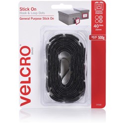 VELCRO® BRAND HOOK & LOOP Dots Stick On 22mm 40 Dots Black