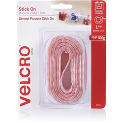 VELCRO® BRAND HOOK & LOOP Tape Stick On 25Mm X 1M White